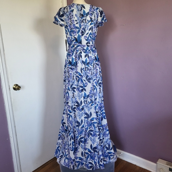 NWT Eliza J Blue Floral V-Neck Flutter Sleeve Ruffle Waist Tie Formal Maxi Dress - Picture 11 of 16